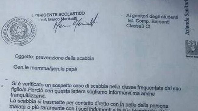Scabbia a Firenze: Asl e Istituto scrivono ai genitori