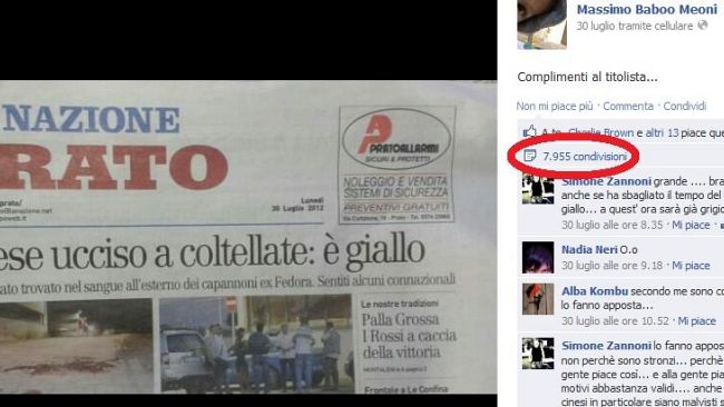 Cinese muore a Prato, record di condivisioni per la prima pagina messa in rete