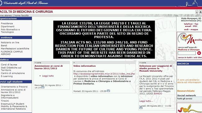 Sito universitario parzialemente oscurato per protesta anti-Gelmini