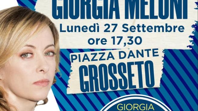 Giorgia Meloni a Grosseto lunedì 27 settembre