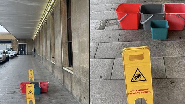 Piove, secchi per l'acqua filtrata dai tetti della Stazione SMN