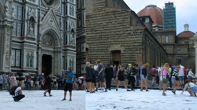 Grandine a Firenze, danni e disagi, selfie natalizio per i turisti