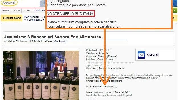 Lavoro a Firenze, astenersi stranieri e gente del sud, annuncio rimosso