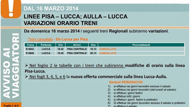 Toscana: Pisa - Lucca - Aulla, treni cancellati e modifiche di orario