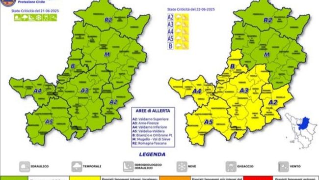Pioggia, domenica 22 giugno codice giallo a Firenze 