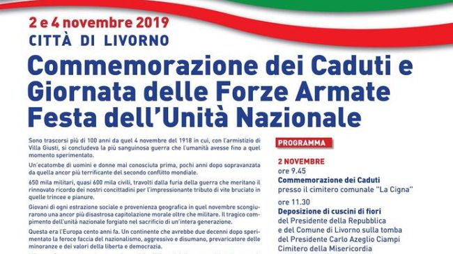 Lunedì 4 novembre, Giornata dell'Unità Nazionale e delle Forze Armate