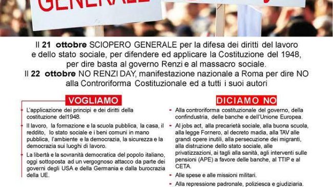 Venerdì 21 ottobre sciopero generale nazionale